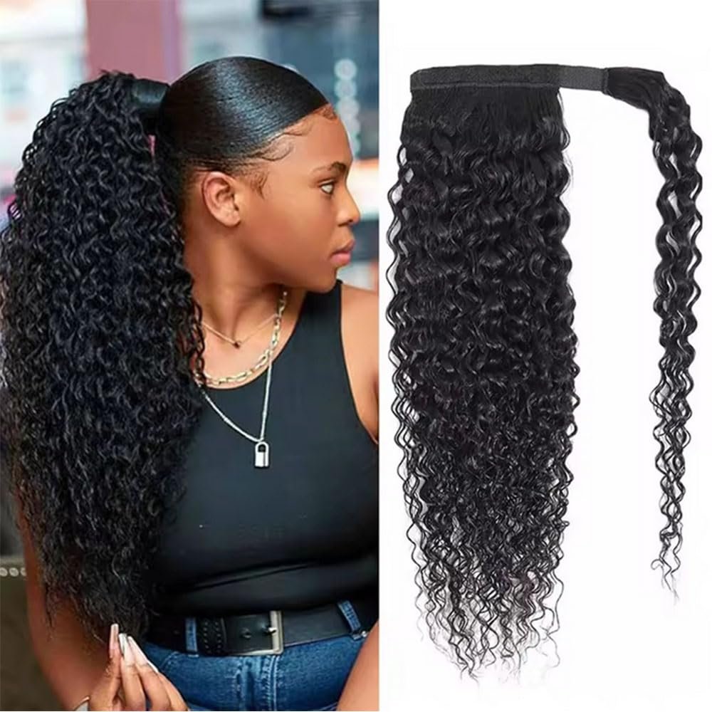 Wrap Around Ponytail Extension Human Hair Ponytail Extensions Pony Tail Real Remy Hair Curly Clip in Human Hair ponytail 100g/Piece Natural Color (1 Piece,Curly, 16inch)