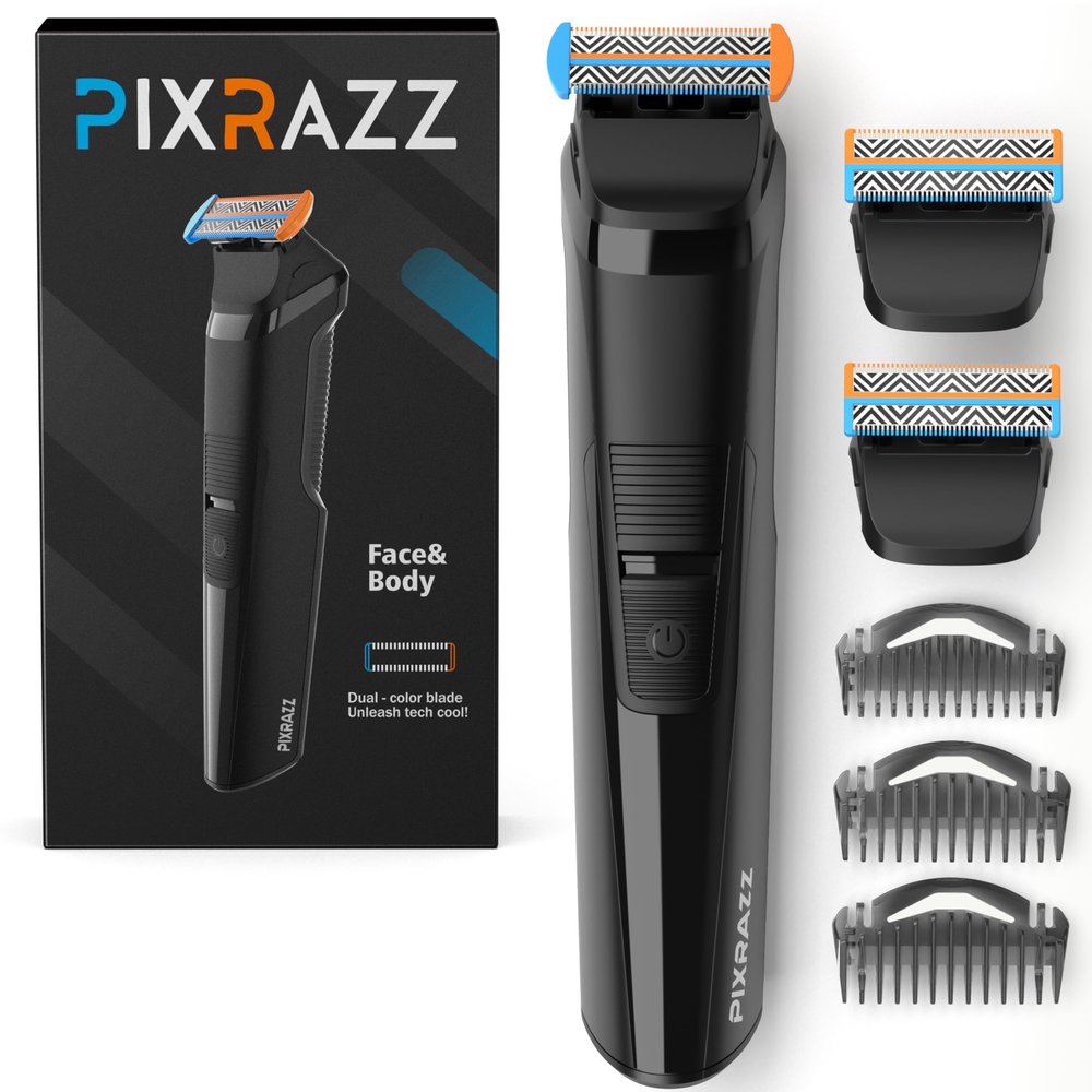 PIXRAZZ Beard & Body Trimmer for Men  Painless Ball Shaver, Groin Trimmer for Pubic Hair, Body and Sensitive Skin  USB-C Cordless Electric Razor with 2 Replacement Blades, 3 Guide Combs