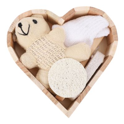 GALPADA Heart Shaped Bathing Kit 6-Piece Set Wooden Bear Indoor Bath Supplies Bathing Scrubbing Tools for Adults and Boys and Girls Includes Loofah Slice