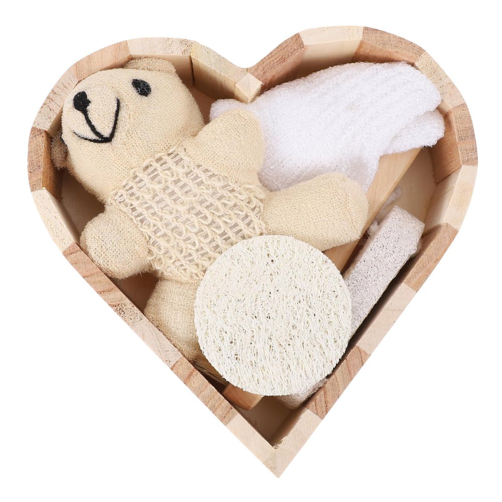 GALPADA Heart Shaped Bathing Kit 6-Piece Set Wooden Bear Indoor Bath Supplies Bathing Scrubbing Tools for Adults and Boys and Girls Includes Loofah Slice