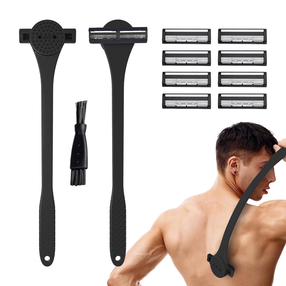 FOREVER GEM 18" Back Shaver & Scrubber for Men  2-in-1 Pain-Free Grooming Tool with Long Handle (46cm), Built-In Scrubber, Wet or Dry Use  Includes Compact Box (23x8x8cm) (BLACK)