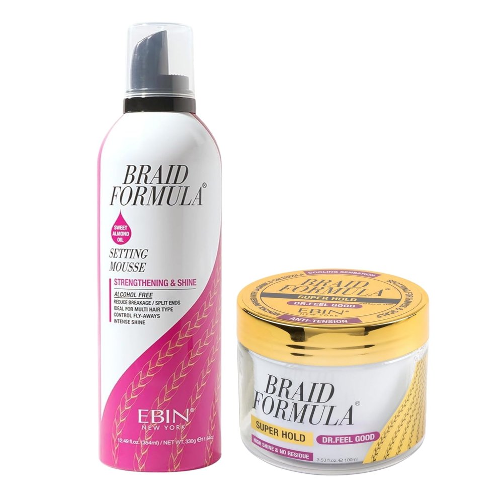 EBIN NEW YORK Braid Formula Setting Mousse with Sweet Almond Oil 12.49 oz Bundle with Rosemary Mint Setting Mousse 12.49 oz Frizz Control & Shine Enhancing Foam Gift Set (2 Items)