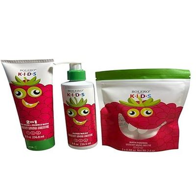 Bolero Kids Bath Set, Raspberry Banana Smoothie, 3-Piece with Body Wash, Hand Soap, Bath Fizzers