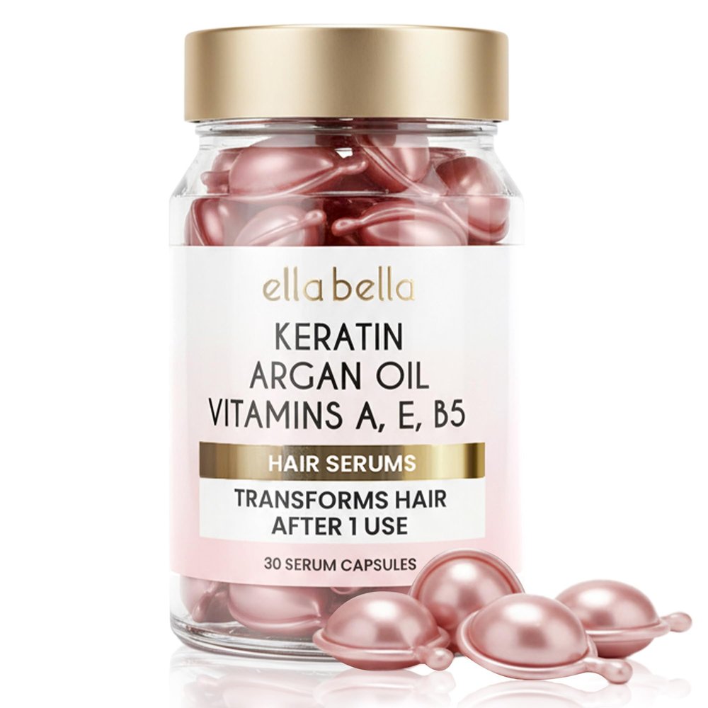 ELLA BELLA Keratin Hair Serum with Argan Oil & Vitamins A, E, B5  Anti-Frizz Hair Treatment & Night Repair  Hair Vitamins for Women for Smooth, Shiny, Frizz-Free Hair