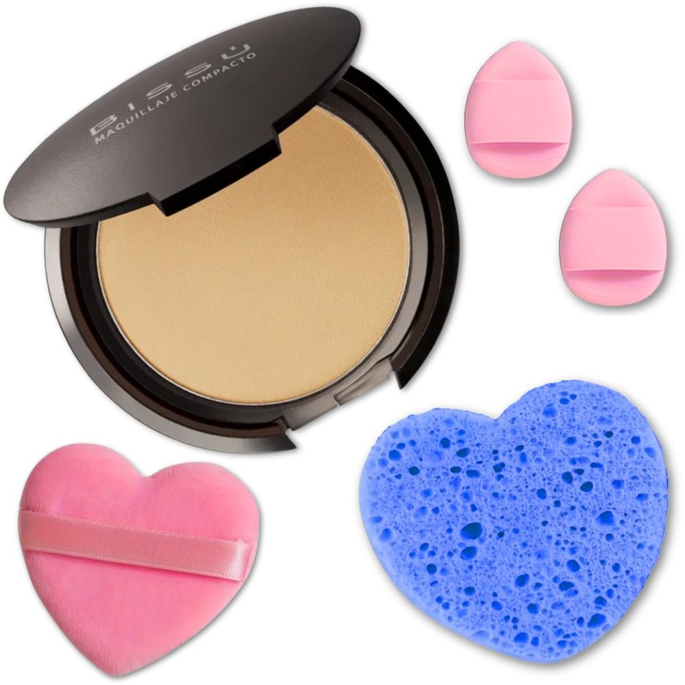 Beetbul Makeup & Exfoliation Kit - Biss Compact Powder + 1 Medium Velvet Puff + 2 Finger Puffs + 1 Facial Exfoliating Sponge (11 Almond, One Size)