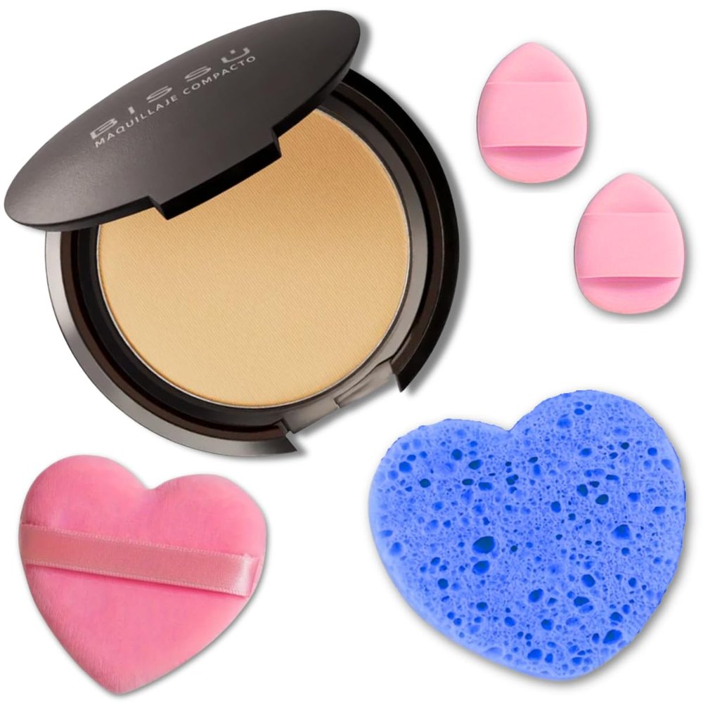 Beetbul Makeup & Exfoliation Kit - Biss Compact Powder + 1 Medium Velvet Puff + 2 Finger Puffs + 1 Facial Exfoliating Sponge (10 Honey, One Size)