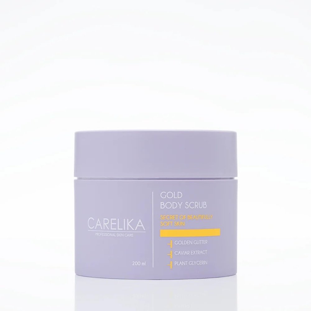 CARELIKA Gold Body Scrub with Caviar Extract Exfoliating Skin Care with Shimmer Effect Deeply Nourishing & Radiance-Boosting Formula 200ml