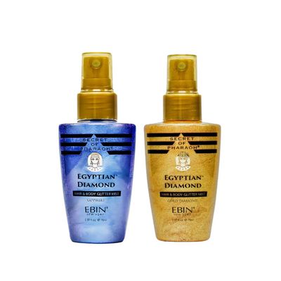 Shiny Glitter Spray for Hair & Body  Secret of Pharaoh Egyptian Diamond Gold Bundle with Sapphire Glitter Mist 2.37 Fl Oz by EBIN NEW YORK  Travel Size Body Shimmer Spray  Gift Set (2 Items)