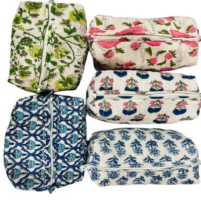 5 Pcs Mix Lot Vintage Indian block Print Large Toiletry Bag, Colorful Make Up Bag Quilted Fabric Cosmetic Bag Toiletry Travel Pouch