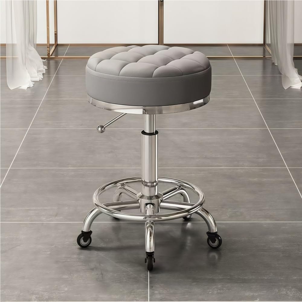CIXCTHP Portable Barber Chair with Swivel Seat, Round Beauty Chair for Salon or Home Use, Comfortable Rolling Makeup Stool with Steel Frame(Gray)