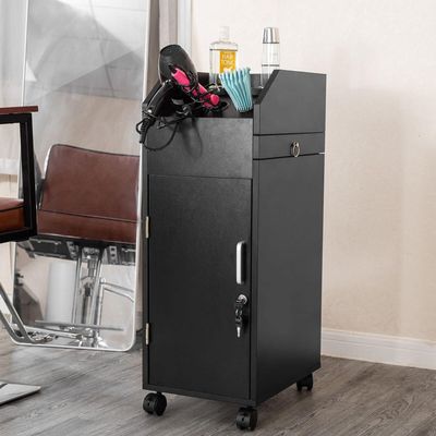 Large Lockable Salon Cart Wooden Barber Trolley On Wheels Multiple Compartment Hairdresser Storage Cart Black for Salon Spa Storage