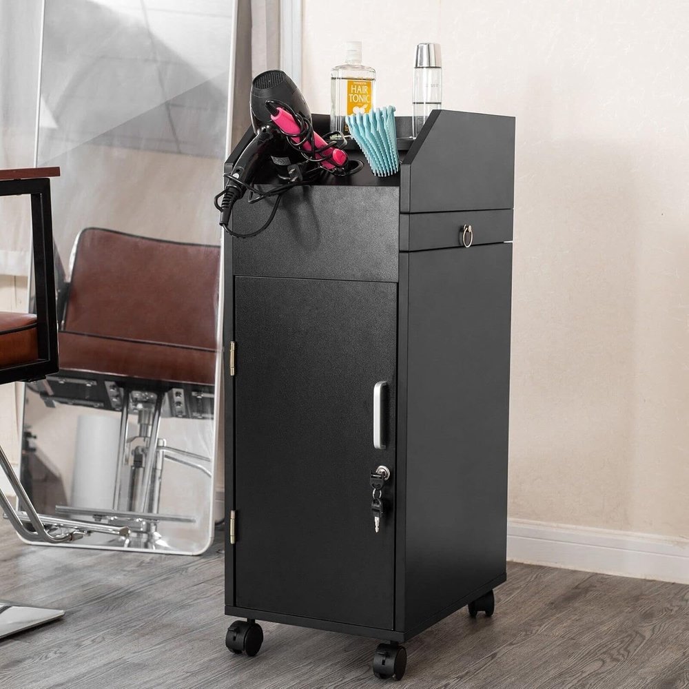 Large Lockable Salon Cart Wooden Barber Trolley On Wheels Multiple Compartment Hairdresser Storage Cart Black for Salon Spa Storage