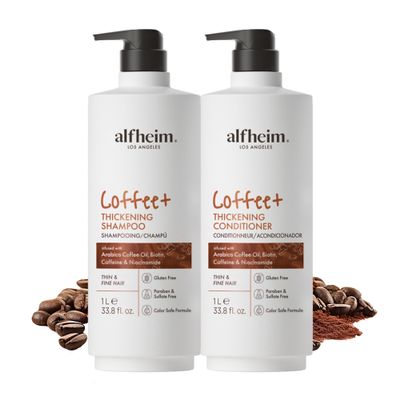ALFHEIM Coffee+ Thickening Shampoo & Conditioner Set for Fine, Thin & Weak Hair with Caffeine, Biotin & Arabica Coffee Oil  Strengthening, Moisturizing & Volumizing Duo  Sulfate-Free  33.8 oz  2