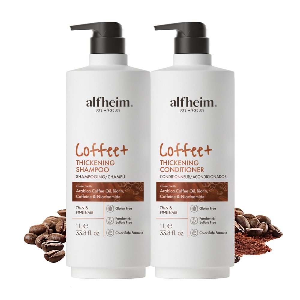 ALFHEIM Coffee+ Thickening Shampoo & Conditioner Set for Fine, Thin & Weak Hair with Caffeine, Biotin & Arabica Coffee Oil  Strengthening, Moisturizing & Volumizing Duo  Sulfate-Free  33.8 oz  2