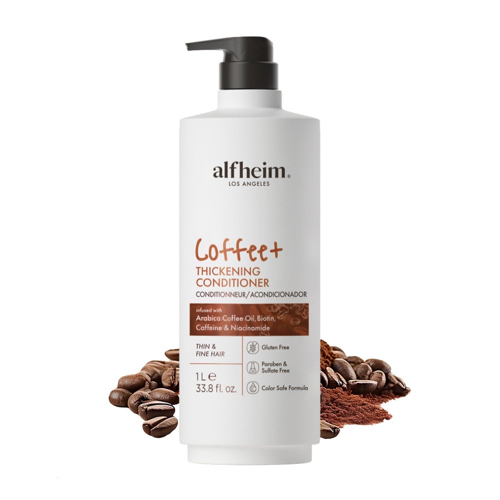 ALFHEIM Coffee+ Thickening Conditioner for Fine, Thin & Weak Hair with Caffeine, Biotin & Arabica Coffee Oil, Strengthening, Moisturizing & Volumizing Formula, Paraben-Free, Sulfate-Free, 33.8 oz 1L