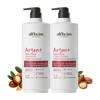 ALFHEIM Argan+ Repairing Shampoo & Conditioner Set for Dry, Damaged & Frizzy Hair with Argan Oil, Keratin  Deep Repair, Moisture, Shine & Frizz Control  Color Safe, Sulfate Free  33.8 oz  2