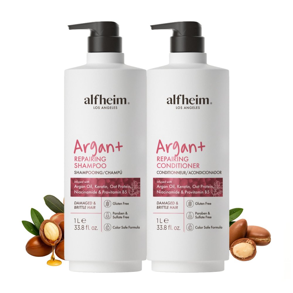 ALFHEIM Argan+ Repairing Shampoo & Conditioner Set for Dry, Damaged & Frizzy Hair with Argan Oil, Keratin  Deep Repair, Moisture, Shine & Frizz Control  Color Safe, Sulfate Free  33.8 oz  2