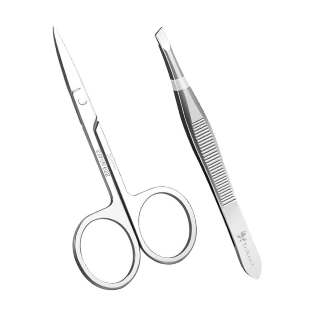 DEARMAMY Stainless Steel Eyebrow Scissors and Tweezers Set 2-Piece Grooming Kit for Precision Eyebrow Shaping and Trimming Professional Hair Removal Tools