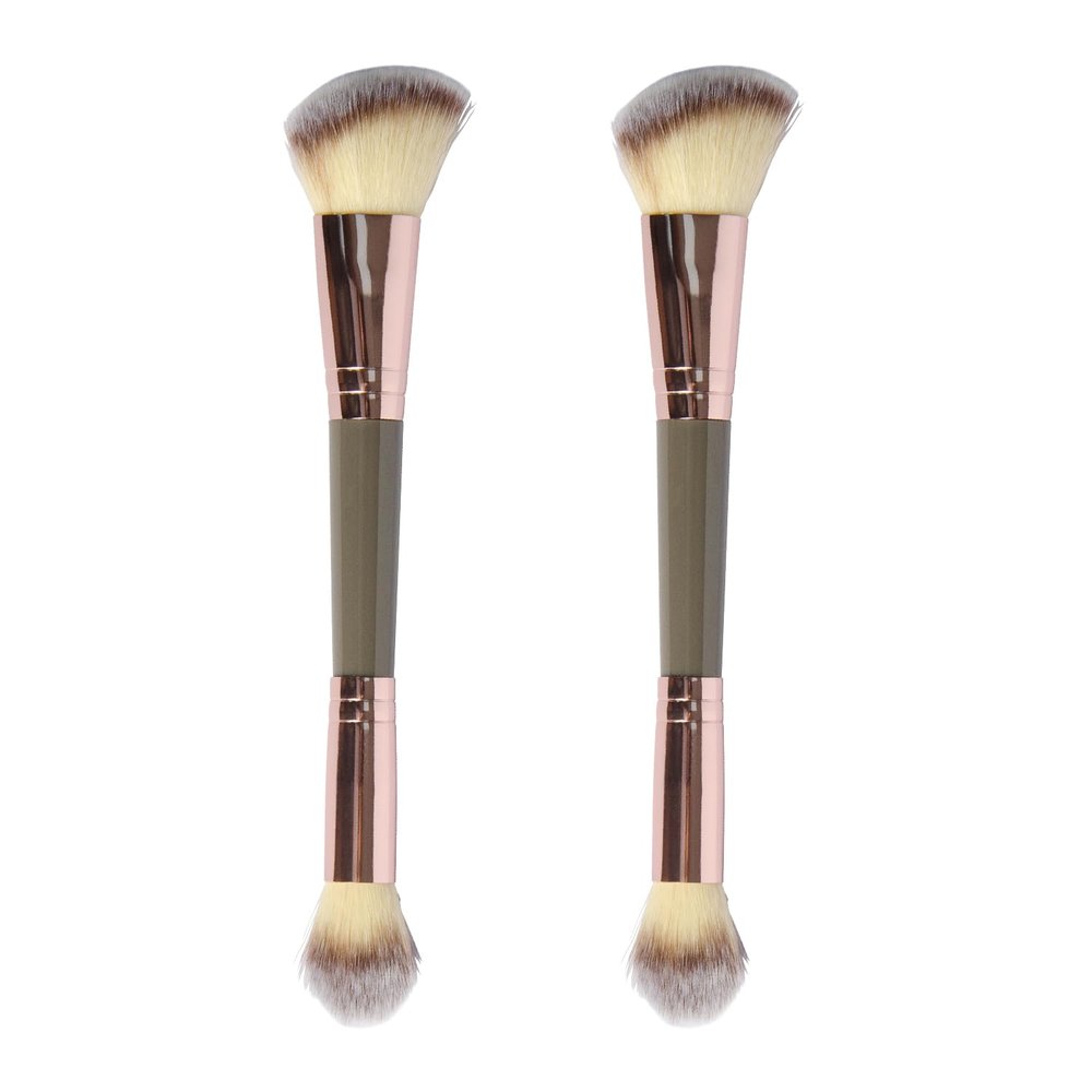 2 Pack Dual-Ended Makeup Brushes - Angled & Round Foundation Brushes for Contouring, Blending - Premium Luxe Hair for Cream, Liquid and Powder Application, Any Look (A2-1 * 2)