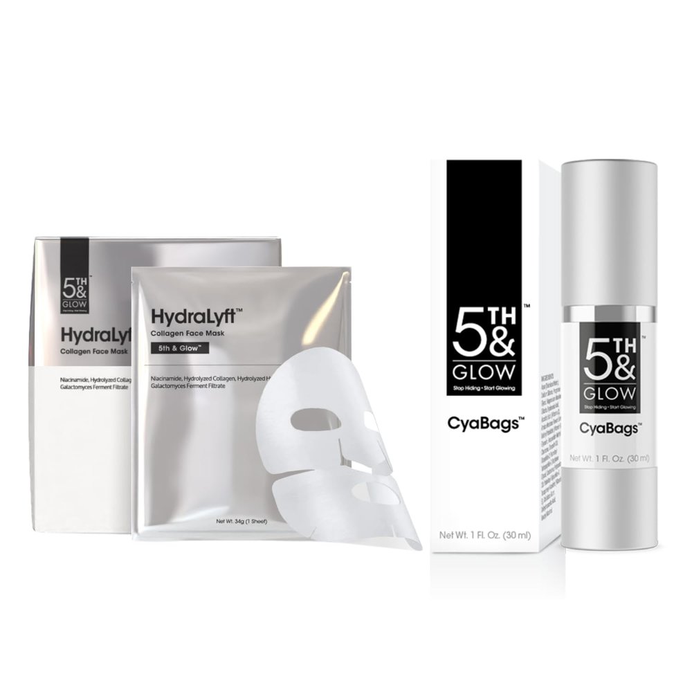5th & Glow Effortless Glow Bundle  Supports Smoother, Brighter Skin  CyaBags Eye Serum & HydraLyft Collagen Face Mask for Under-Eye Puffiness and Skin Hydration  1 oz, 4 Sheets