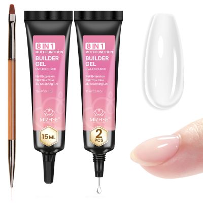 MIZHSE 8 in 1 Builder Gel for Nails, 2Pcs Clear Hard Builder Gel for Nails