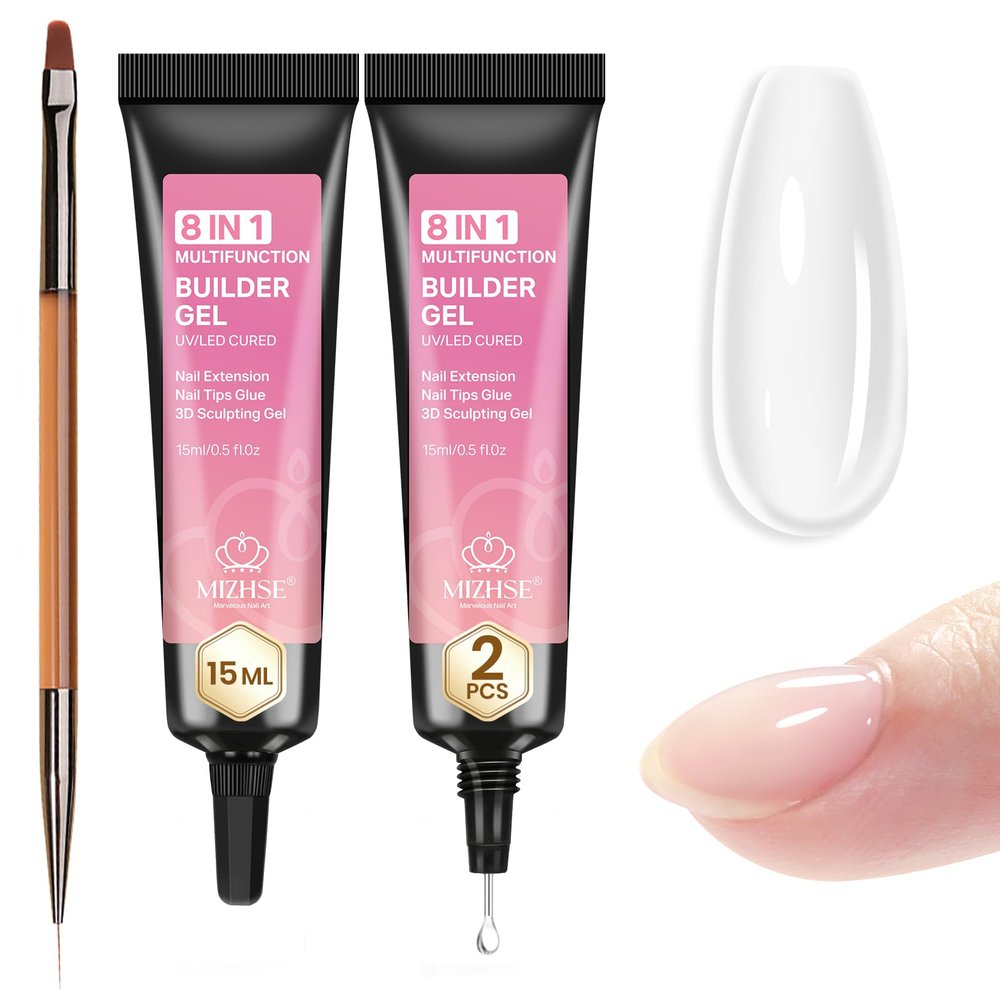 MIZHSE 8 in 1 Builder Gel for Nails, 2Pcs Clear Hard Builder Gel for Nails