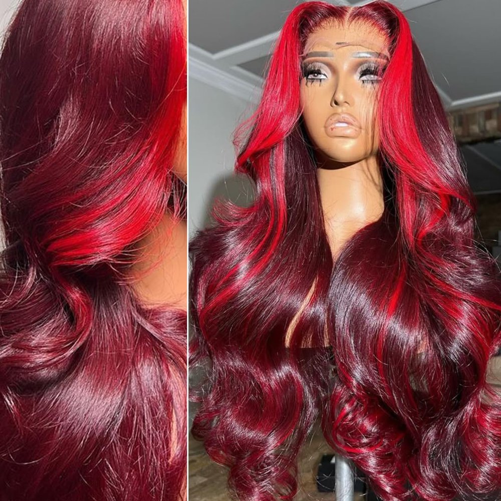13x6 99J Burgundy Red Lace Front Wigs Human Hair Burgundy Red Highlight Wig Human Hair Pre Plucked 200% Density Body Wave 99J Human Hair Wig Glueless Colored Wigs for Women 22 Inch