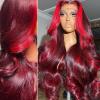 13x6 99J Burgundy Red Lace Front Wigs Human Hair Burgundy Red Highlight Wig Human Hair Pre Plucked 200% Density Body Wave 99J Human Hair Wig Glueless Colored Wigs for Women 22 Inch view 1