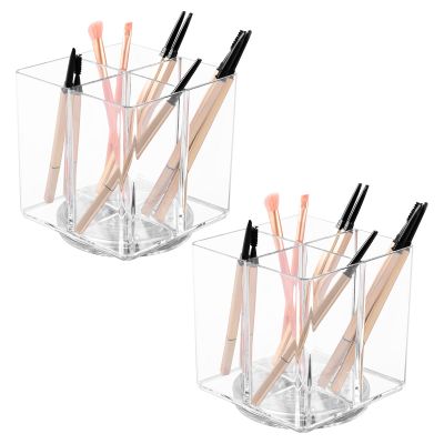 2PCS Rotating Makeup Brush Holder, 4-Slot Cosmetics Makeup Brush Organizer Storage, Acrylic Pen Knife Fork Holder Container, Cosmetic Display Case for Dresser Vanity Countertop Bathroom Home Decor
