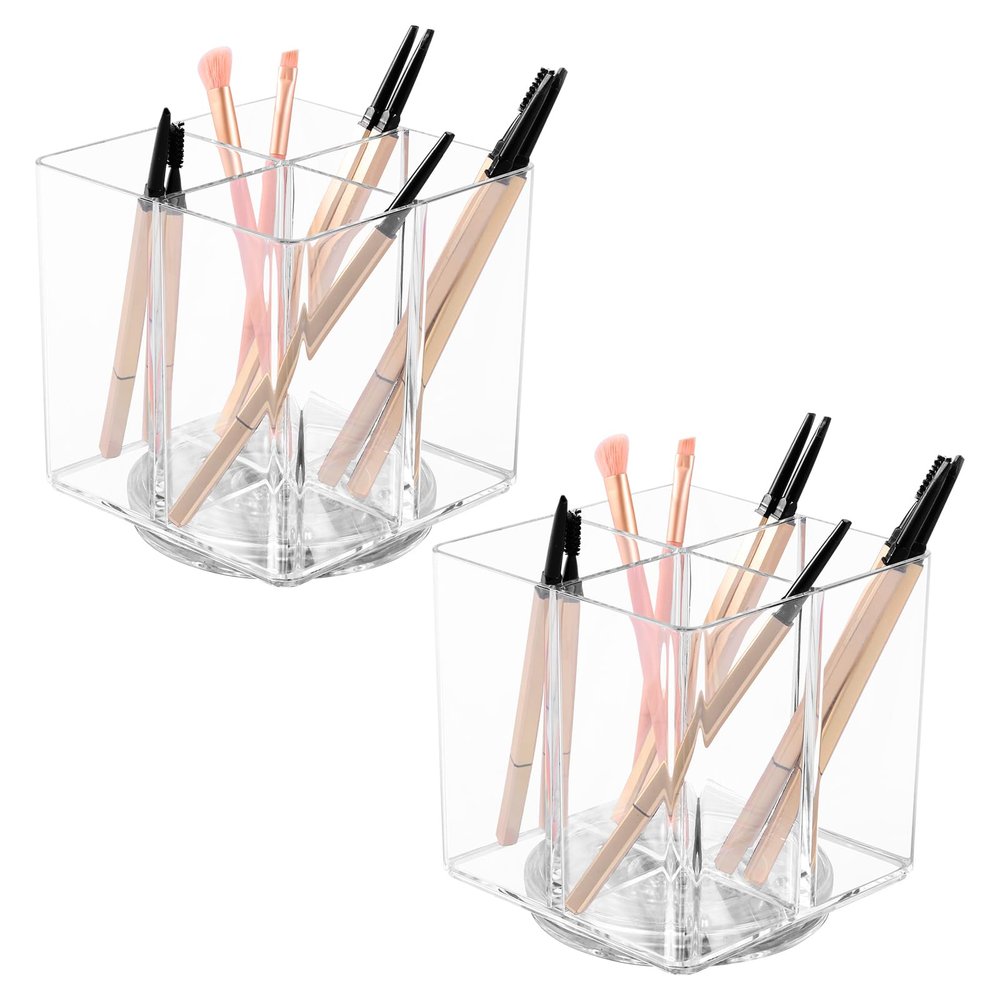 2PCS Rotating Makeup Brush Holder, 4-Slot Cosmetics Makeup Brush Organizer Storage, Acrylic Pen Knife Fork Holder Container, Cosmetic Display Case for Dresser Vanity Countertop Bathroom Home Decor