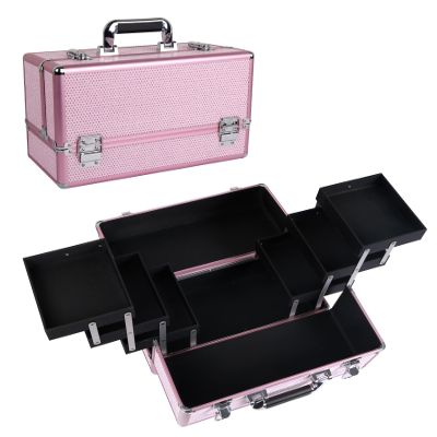 HAISKY Large Makeup Train Case Cosmetic Organizer Case Makeup Box Portable Make Up Artist Travel Case with 6 Trays Dividers Lockable Hard Train Case Nail Tech Supply Storage - Crystal Pink