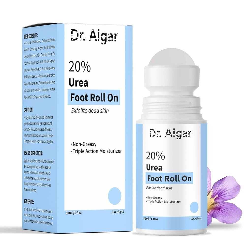 Dr. Al'ga'r 20% Urea Foot Cream Roll On 50ml | 2% Lactic Acid, Olive Oil & Vitamin E | Non-Greasy Triple Action Moisturizer | Best Foot Cream for Cracked Heels | Foot Roll On for Dry & Cracked Feet