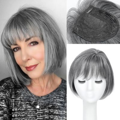 UDU Grey Hair Topper with Bangs Natural Looking Hair Topper for Volume and Coverage Clip in Hairpiece for Women