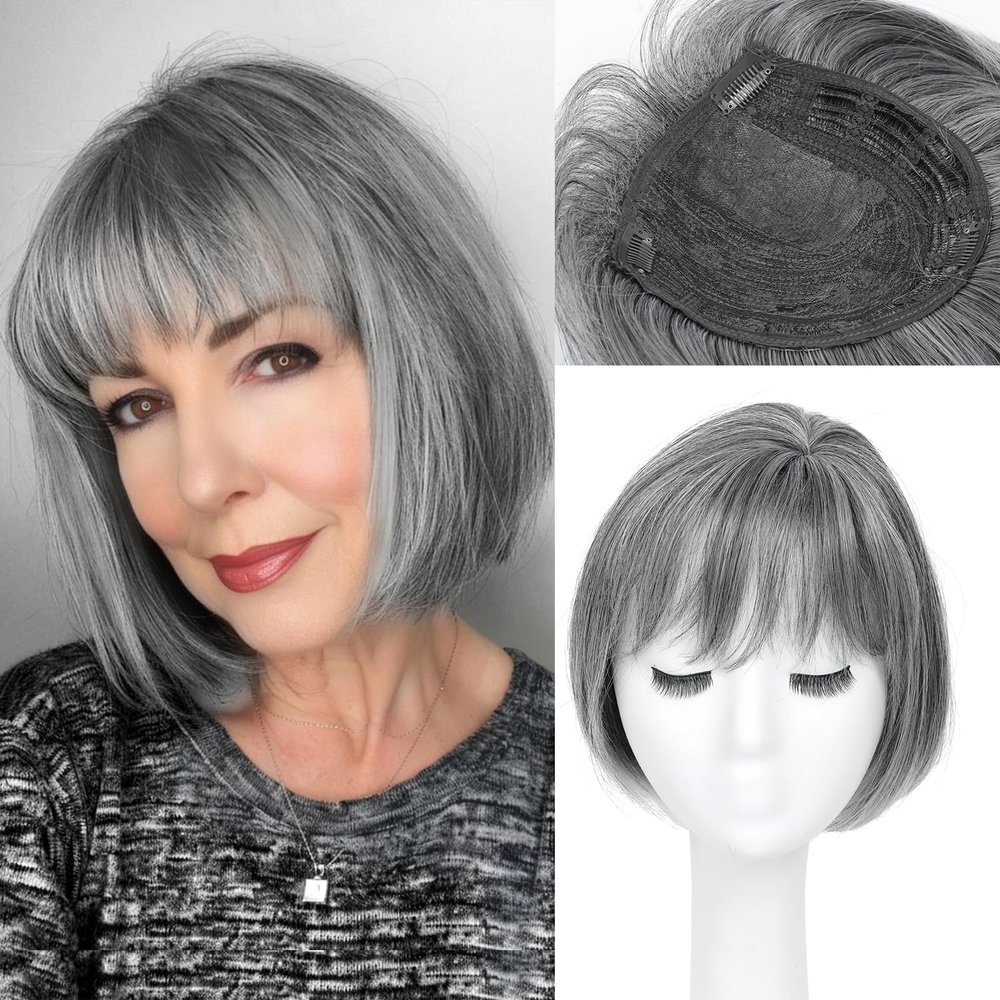 UDU Grey Hair Topper with Bangs Natural Looking Hair Topper for Volume and Coverage Clip in Hairpiece for Women