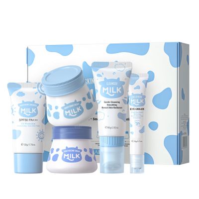 dPois 5 Piece Milk Facial Care Set for Women Girls 1 Set Daily Hydration Moisturize Nourish Non Greasy Lightweight Skin Care Routine Blue One Size