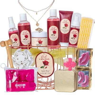 21Pcs Bath and Body Gift Basket Set for Women Christmas Gifts- Rose Vanilla XL Spa Gift Basket for Women Gifts Bath Gift Set Home Spa Self Care Kit Necklace Finger Ring gift, Birthday Spa Gift