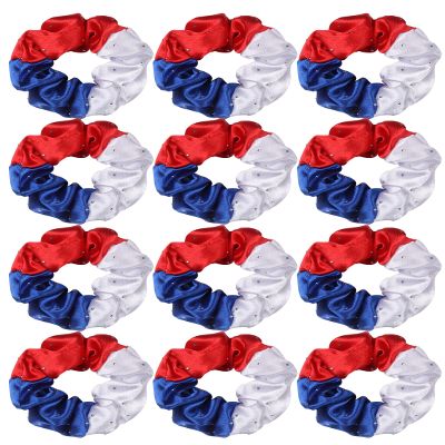 Cheerleader Hair Scrunchies, 4.5 Inches, 12 Pack, Satin Silk Ponytail Holders (Royal Blue/White/Red)