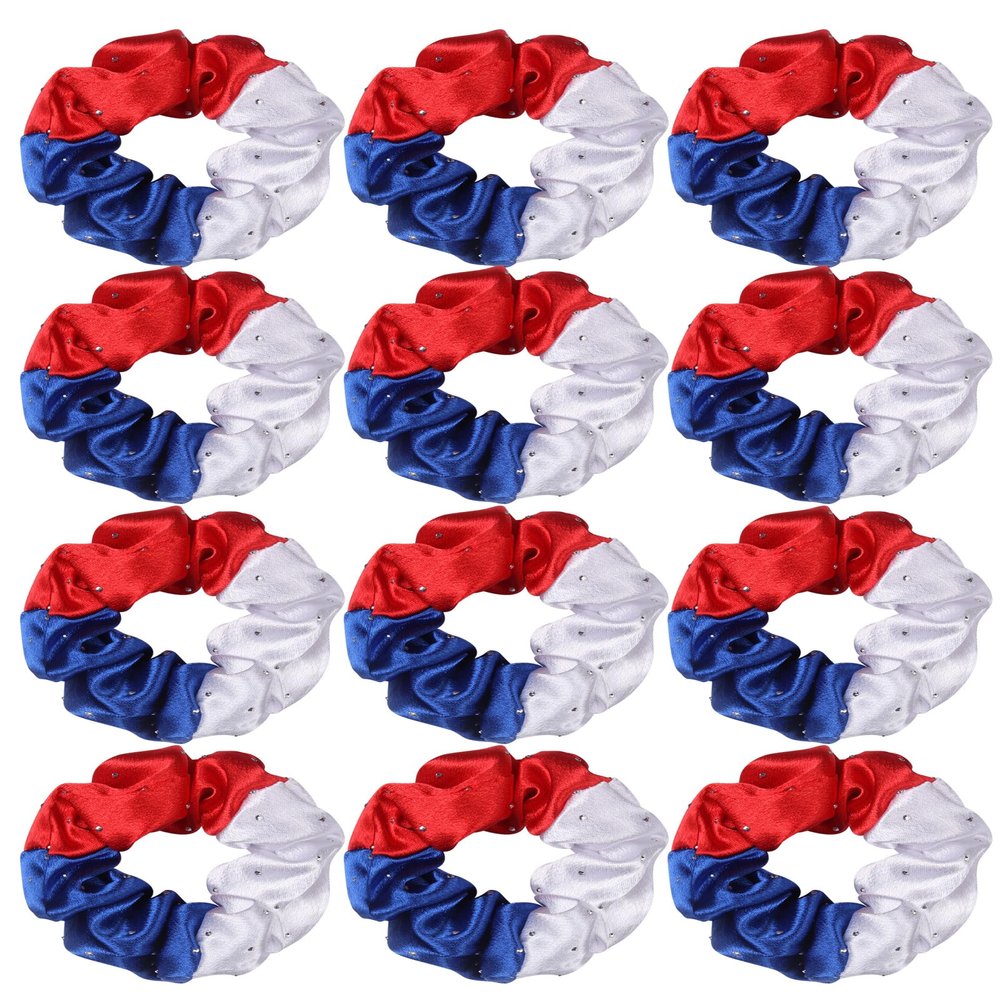 Cheerleader Hair Scrunchies, 4.5 Inches, 12 Pack, Satin Silk Ponytail Holders (Royal Blue/White/Red)
