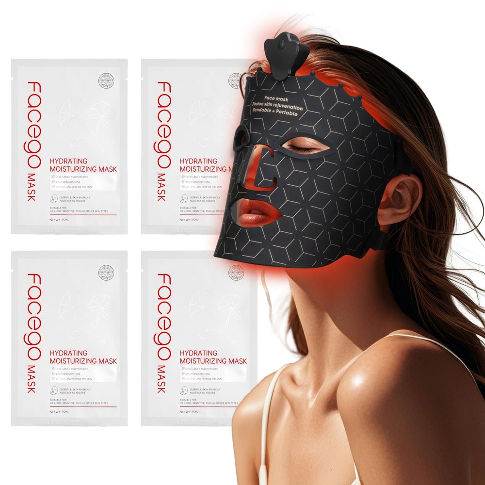 7 Colours Red Light Face Mask-Black & 4- Count Hydrating Sheet Mask