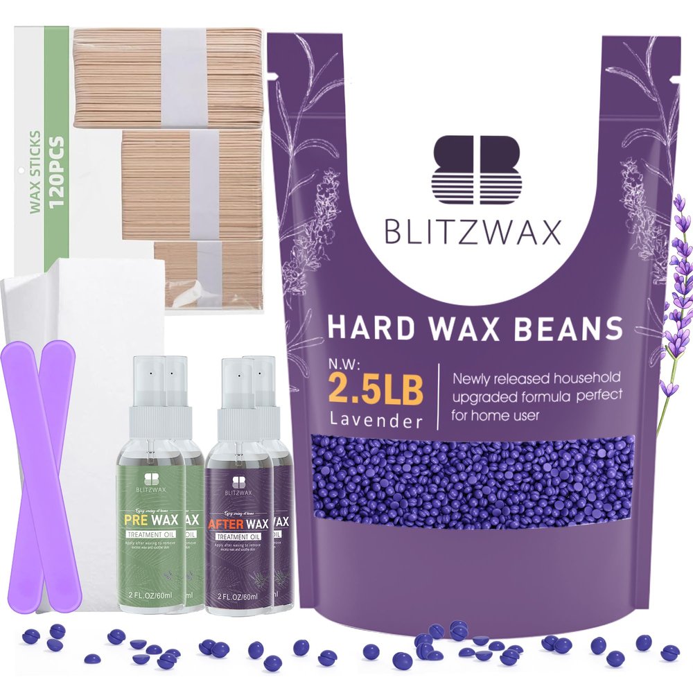 BLITZWAX 2.5lbs Lavender Hard Wax Beads for Hair Removal, with 120 Wooden Waxing Sticks and 30 Wax Papers, Hot Waxing Beans for Sensitive Skin, Face and Bikini, Suitable for Home and Salon Use