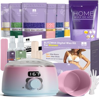 BLITZWAX Brazilian and Bikini Waxing Kit with 1lb Lavender Wax Beads, Digital Wax Warmer for Face, Legs, Body, Beginner Friendly, At Home Hair Removal Kit for Women, 7 Packs Wax Beans