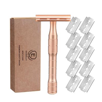 Elegant Rose Gold Safety Razor for WomenVintage Double Edge Razor with 10 Swedish Blades, Stainless Steel Handle, Gift Box Set by Echolly (Solar Crown)