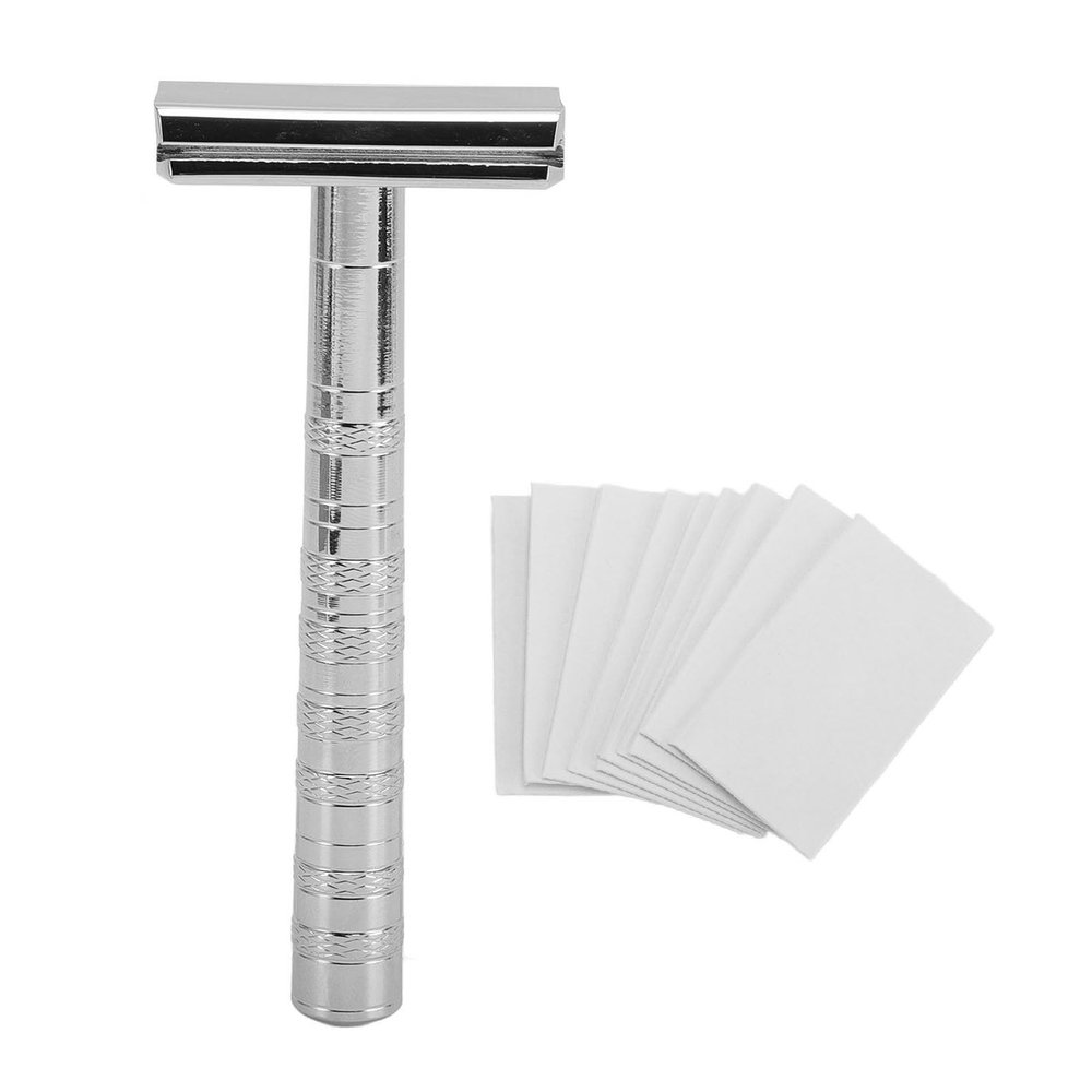 BTSEURY Long Handle Double Sided Safety for Men, Reusable Metal Wet Shaving Tool, Full Body Washable Beard Shaver, Non Slip Grip, Ideal Gift for Grooming and Travel (Bright Silver)