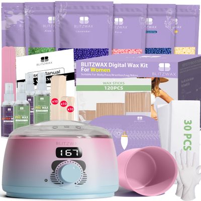 BLITZWAX Brazilian and Bikini Waxing Kit with 120 Wooden Waxing Sticks and 30 Wax Papers, Hard Wax Warmer for Legs and Body, At Home Hair Removal Kit, Beginner Friendly, Pink and Blue Gradient Color