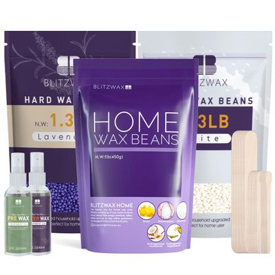 BLITZWAX Hard Wax Beads Kit for Hair Removal, 2.3lbs Lavender and 1.3lbs Cream Hot Waxing Beans for Sensitive Skin, Face, and Brazilian with 30 Waxing Sticks and 2 Wax Oils for Women and Men, 3 Pack