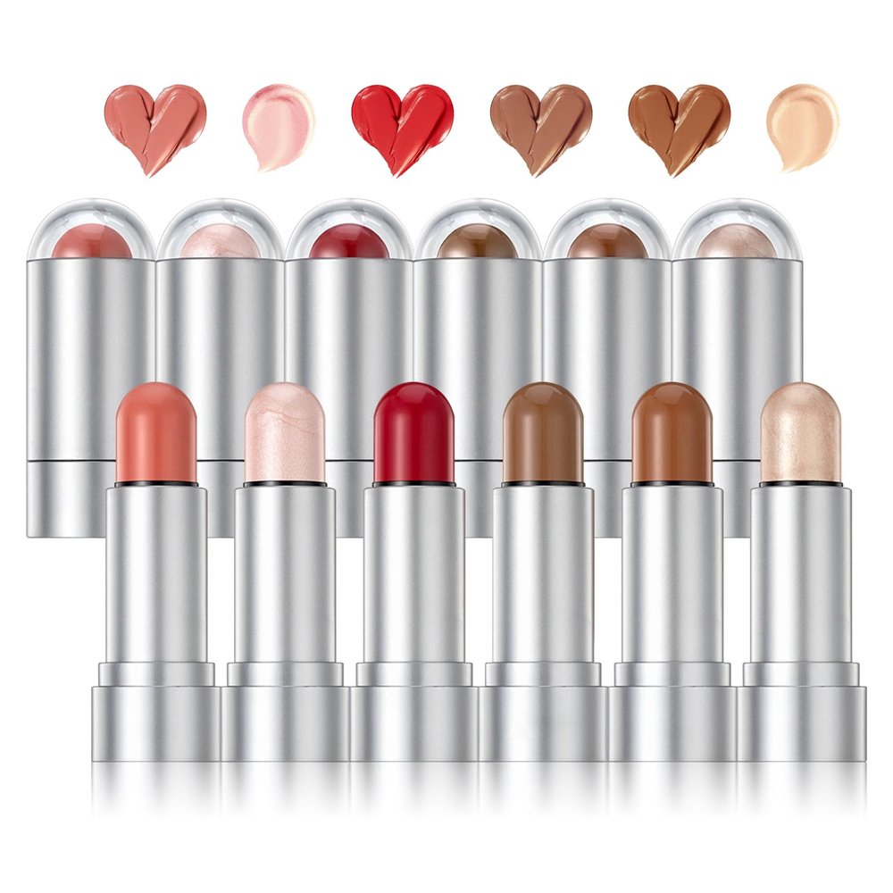 6 Colors Blush Stick,Solid Cream Blush,Multi-Use Highlighter Blush Stick for Cheeks,Lips and Eye,High Pigmented Blush Makeup Stick Set E