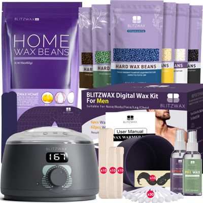 BLITZWAX Back and Nose Waxing Kit for Men, Hard Wax Warmer for Brazilian, Body and Face, At Home Hair Removal Kit, Beginner Friendly, Quick Heating, 94 Accessories, Charcoal Grey