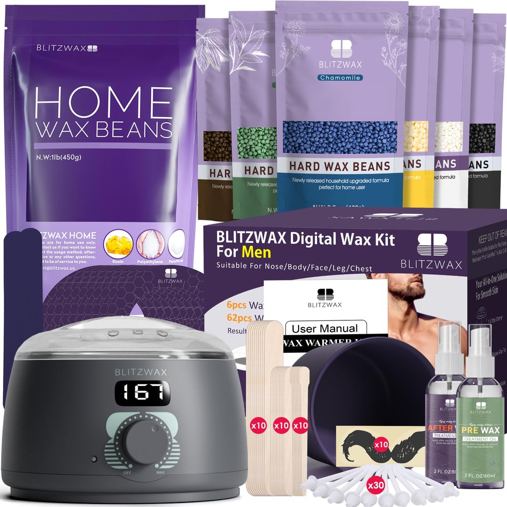 BLITZWAX Back and Nose Waxing Kit for Men, Hard Wax Warmer for Brazilian, Body and Face, At Home Hair Removal Kit, Beginner Friendly, Quick Heating, 94 Accessories, Charcoal Grey