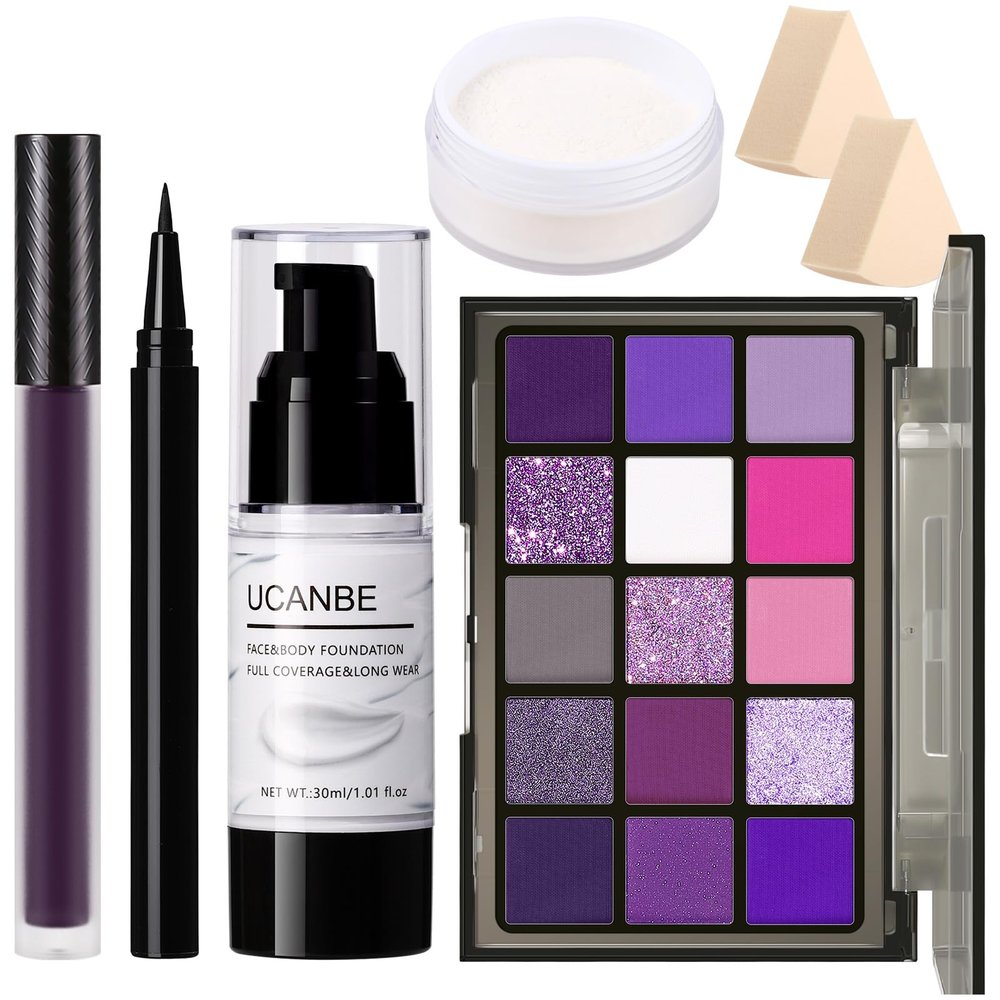UCANBE Purple Halloween Makeup Kit Witch Devil Sorceress Ursula Makeup Set for SFX Costume Cosplay - Eyeshadow Palette, White Foundation, Purple Lipstick, Black Eyeliner, Setting Powder & Sponges