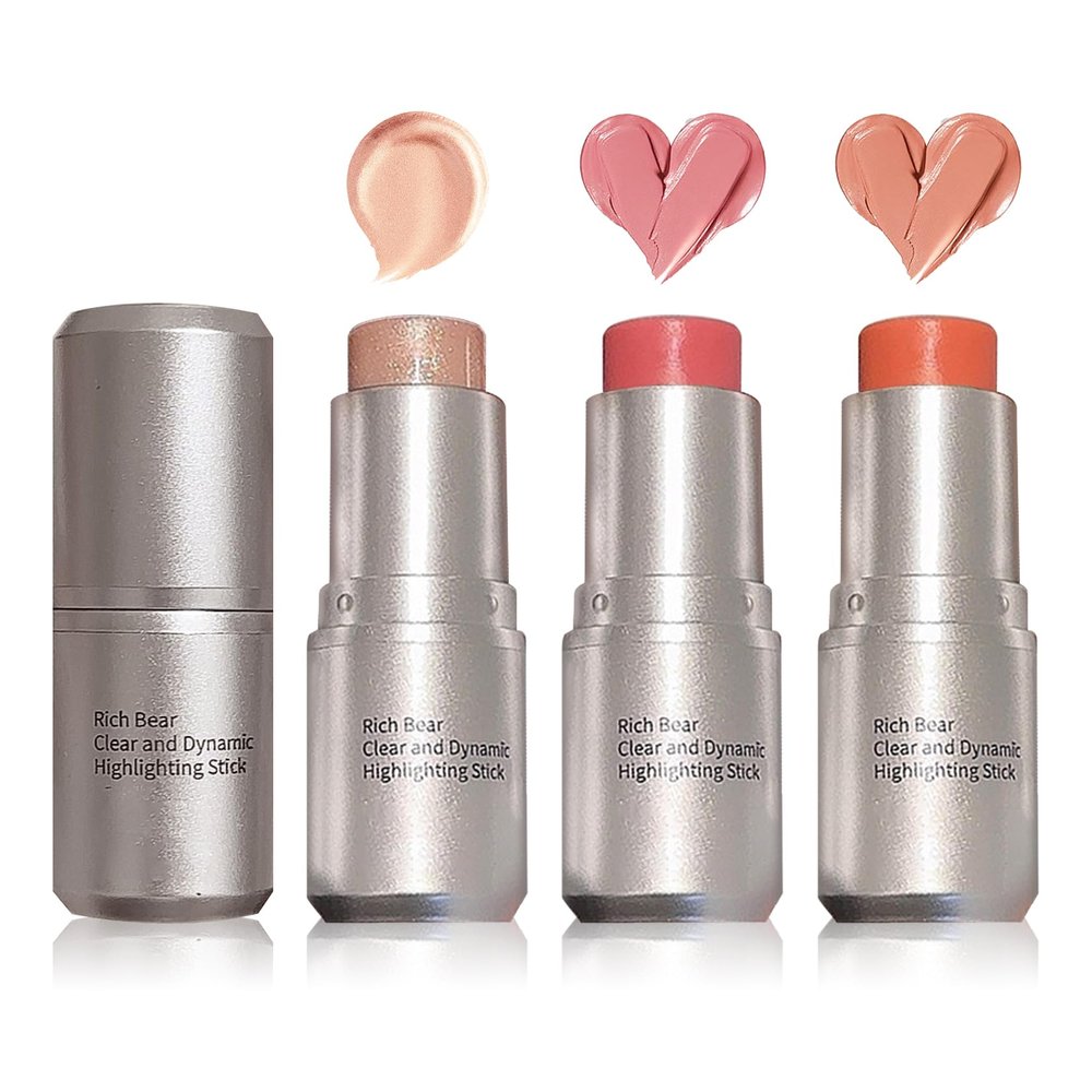 3 Colors Blush Stick,Solid Cream Blush,Multi-Use Highlighter Blush Stick for Cheeks,Lips and Eye,High Pigmented Blush Makeup Stick Set C